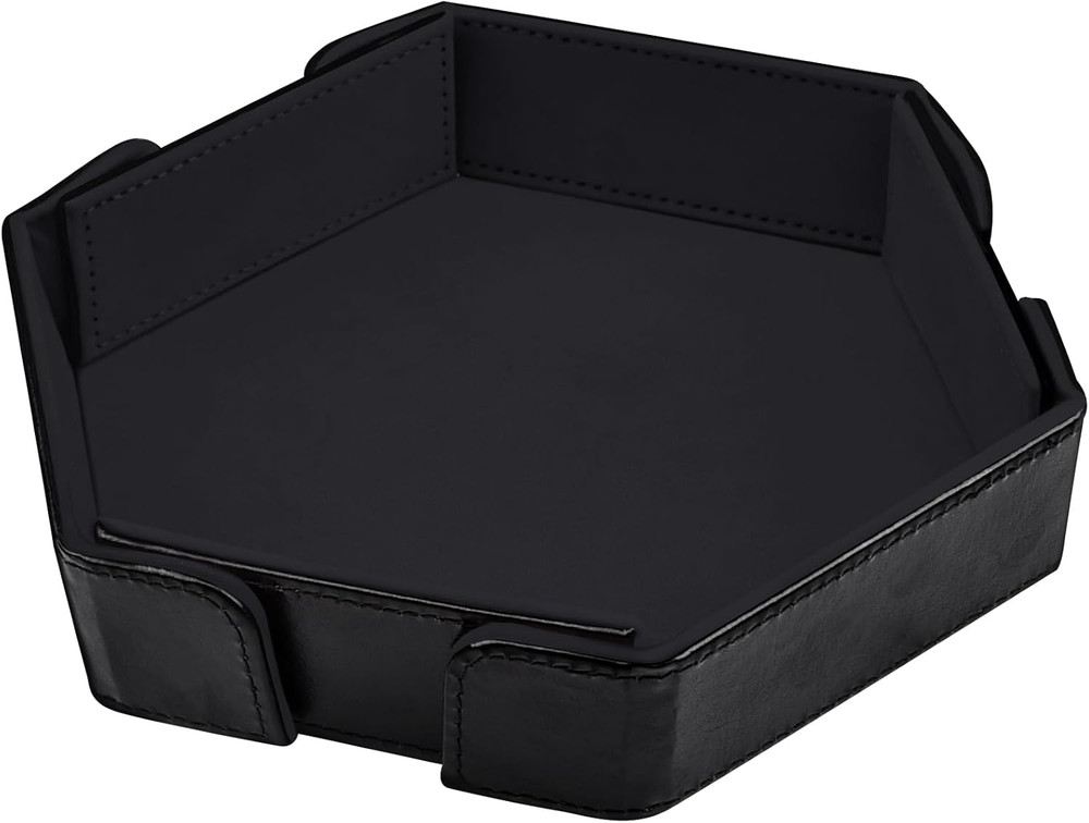 Magnetic Folding Dice Tray Hexagon Rolling PU Leather Black