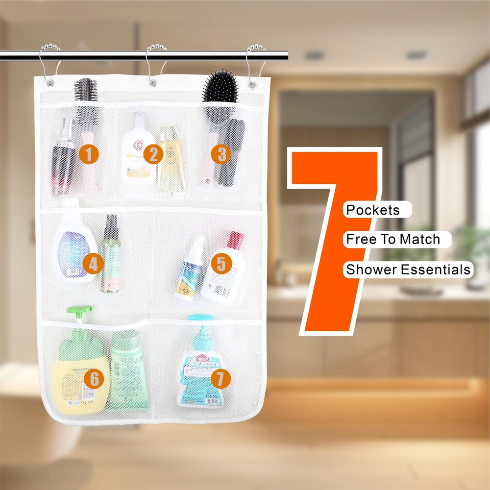 Mesh Shower Caddy Hanging, 7 Pockets Hanging Bathroom Organizer with Quick Dr...