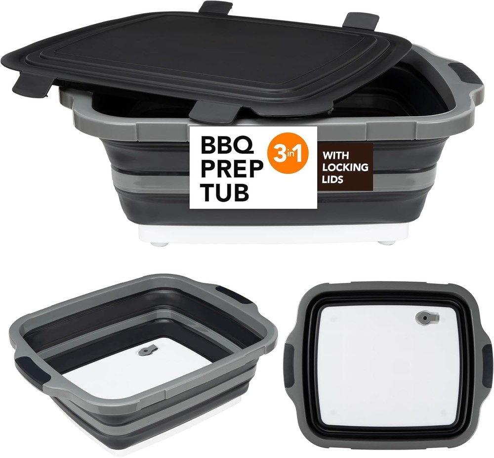 Collapsible Cutting Board, BBQ Prep Tub with Loing Lid, Foldable Cping