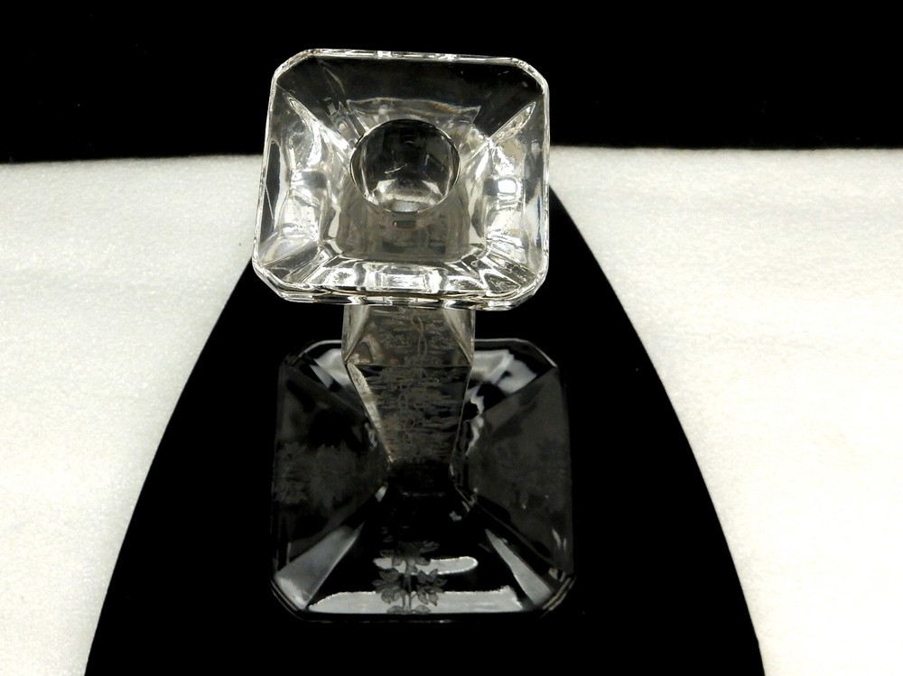 Vintage Etched Glass Square Candlestick, Tapered Column, Rose Pattern