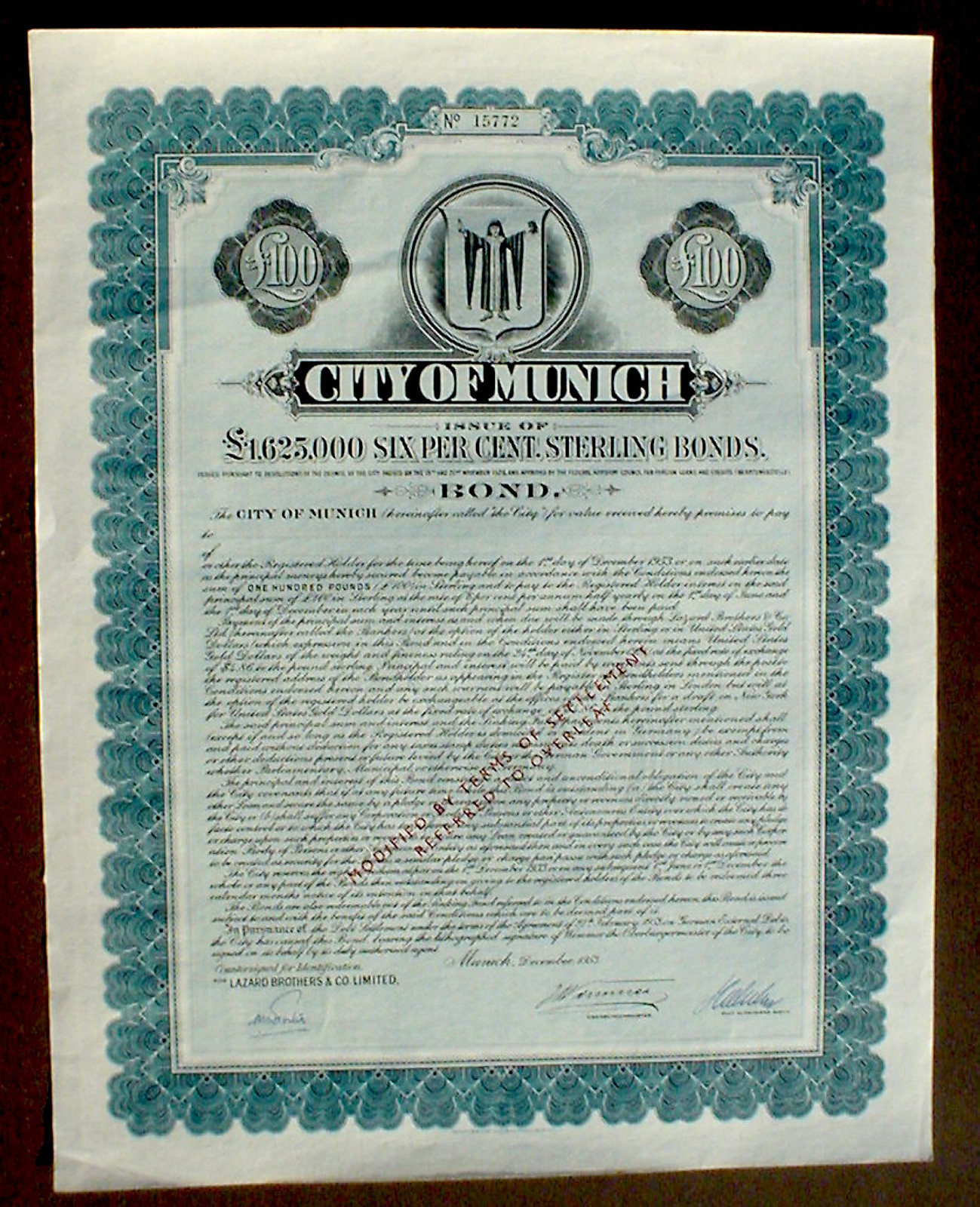 6% City of Munich 100 £ Bond to Bearer 1953 uncancelled print by Waterlow & Sons
