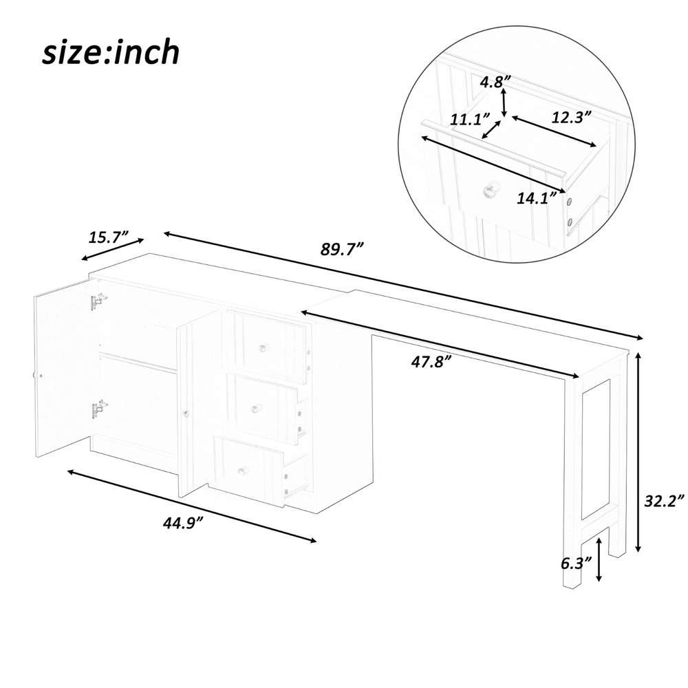 89.7'' Multifunctional Wooden Sideboard (Extendable Table, 2 Doors+3 Drawers)