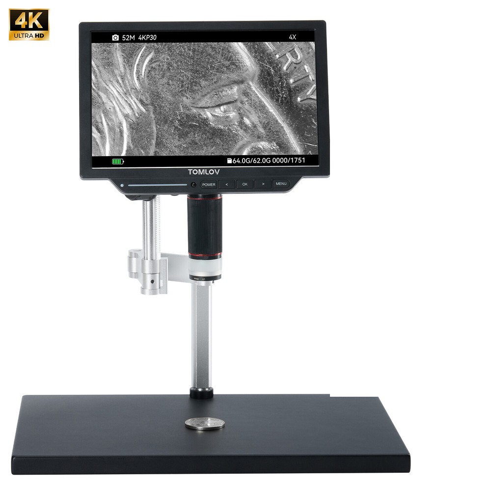 TOMLOV 4K LCD Digital Microscope 2000X Coin Microscope 10.1'' HDMI 52MP Spin Arm