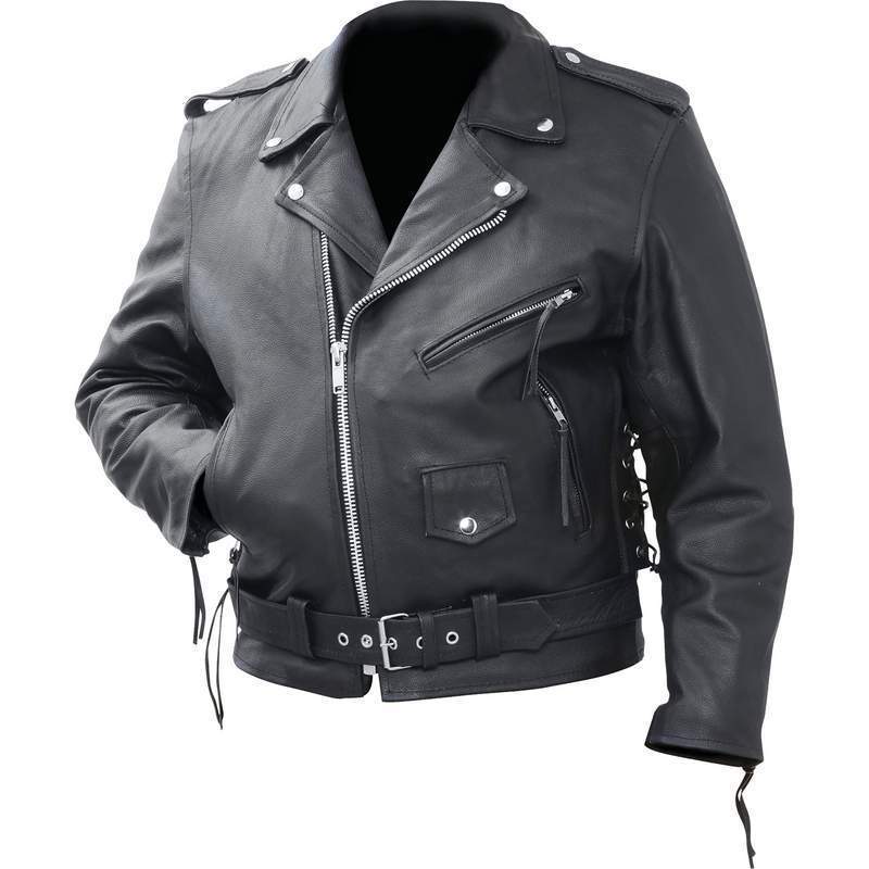 Mens  Classic  Black Leather Motorcycle Biker Jacket Zip outlining Side Lace