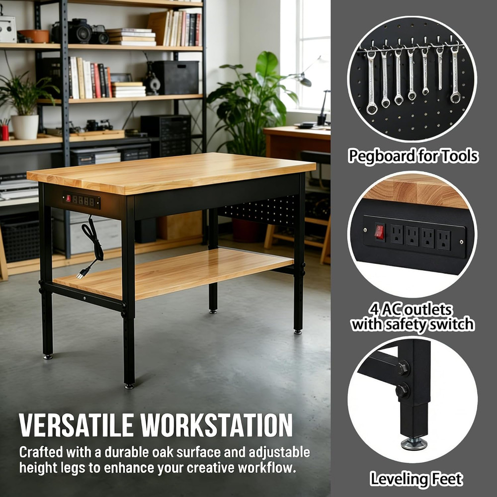 Heavy Duty Mobile Workbench w/Wheels, Outlets, 2500LBS Capacity