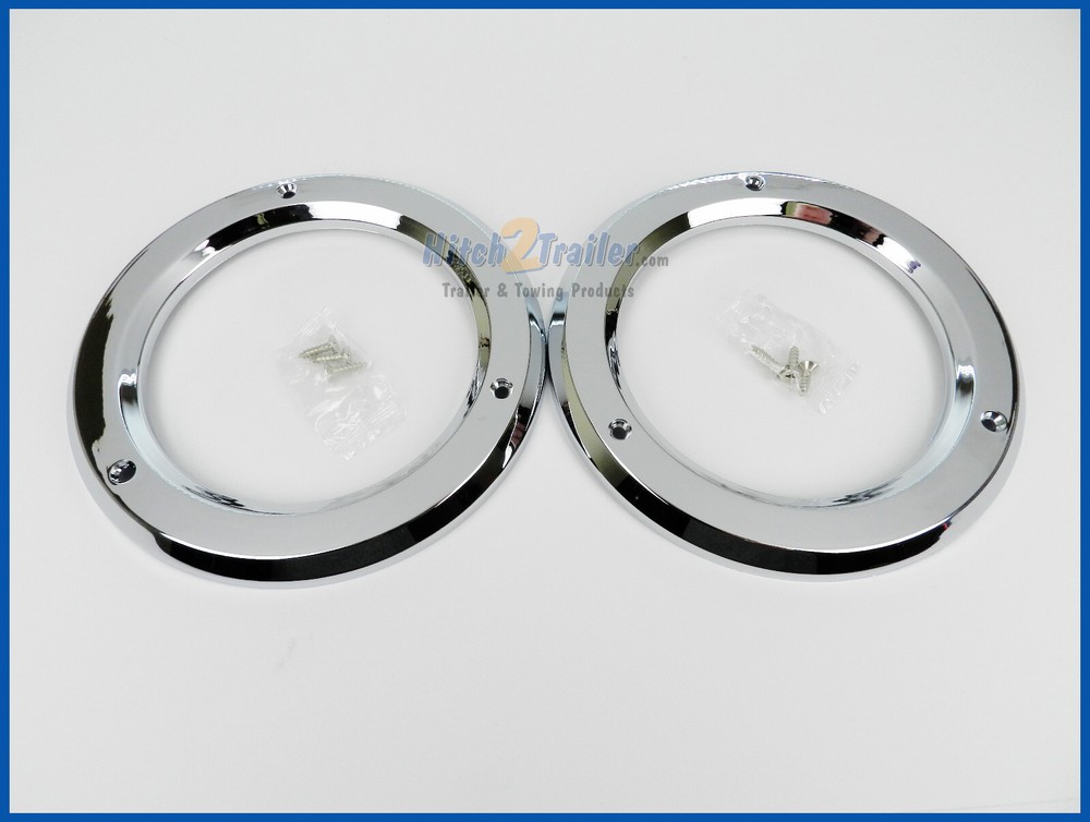 (2) Round Chrome Bezels / Covers 4" Grommet Mounted LED Stop Turn Tail Lights