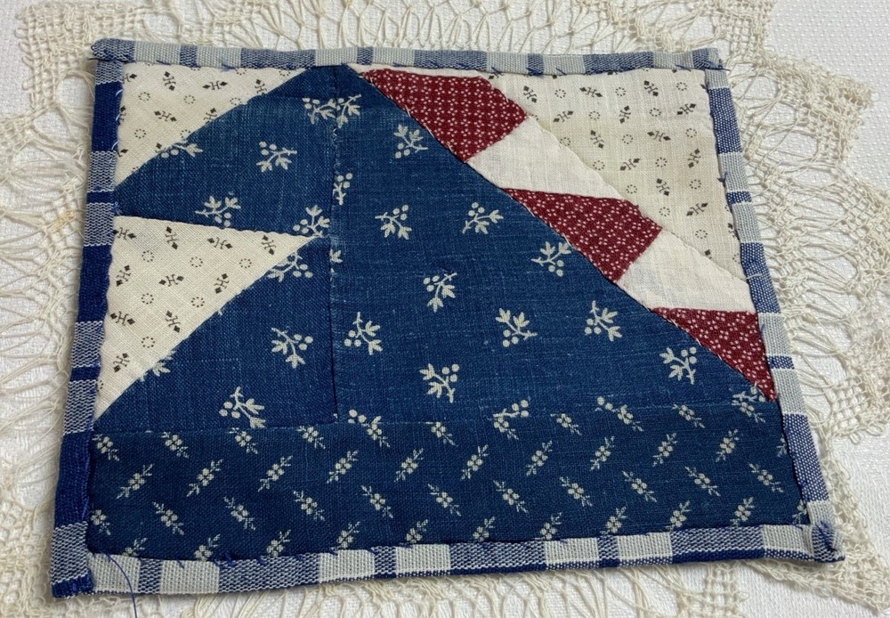 Antique Patchwork Quilt Table Topper, Early Calicos, Triangles, Small, Red, Navy