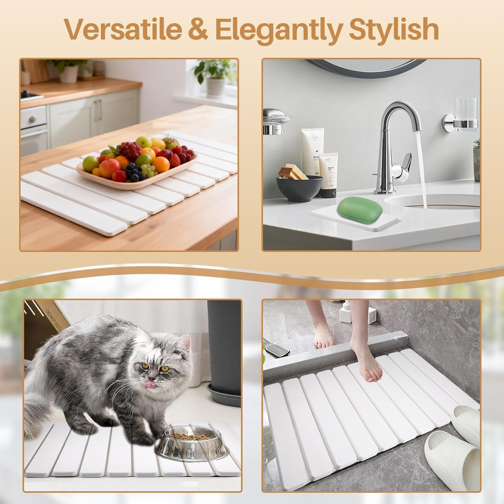 2 PCS Quick Dry Stone Dishes Mats for Kitchen Counter,Collapsible Quick Drying D