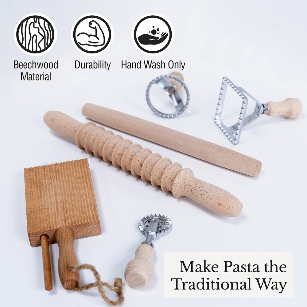 Complete 6 Pcs Pasta Making Tool Set Includes Two Ravioli Stamp Maker Cutter