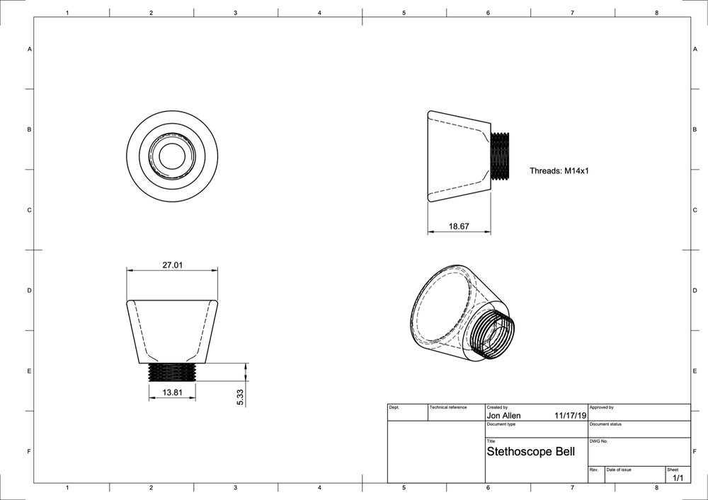 Bell Stethoscope Head 14mm diameter threads.