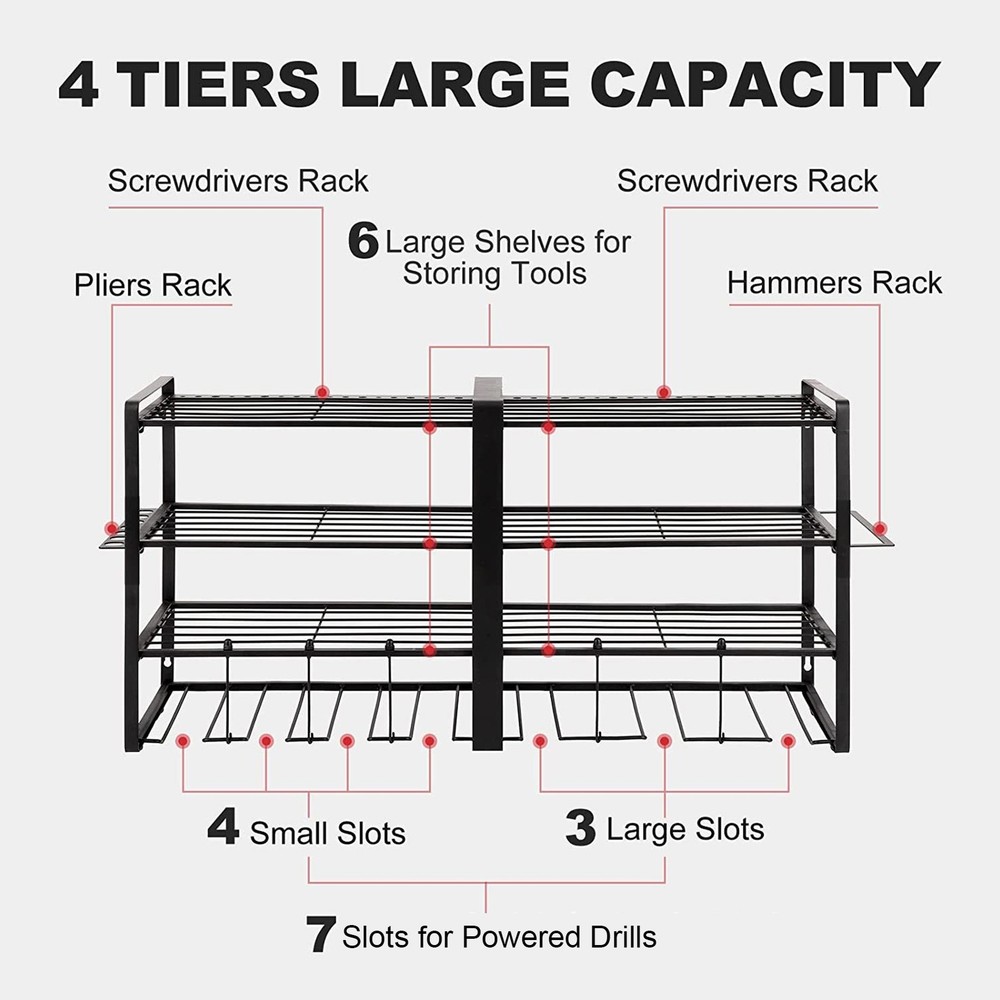 Garage Power Tool Organizer 4 Layer Wall Mount Rack Heavy Duty Storage