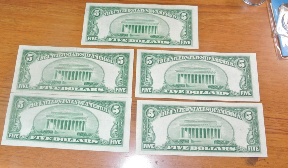 FIVE 1953 $5 US Silver Certificate Higher Grade Uncertified