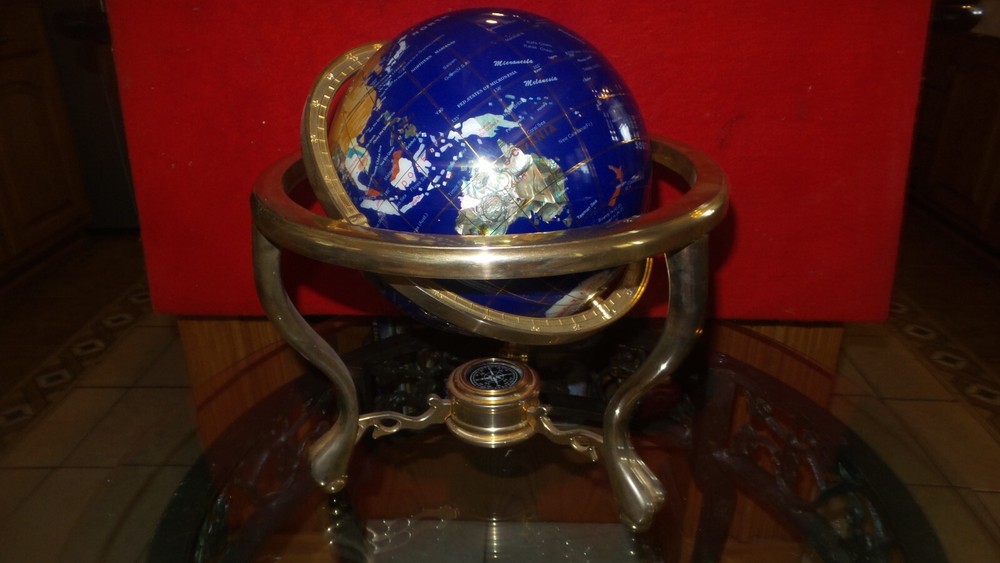 Beautiful Lapis Semi Precious Stone World Globe W/Compass