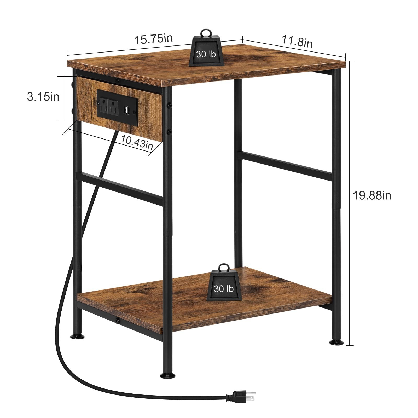 MOOACE Nightstands Set of 2, End Table with Charging Station, 2 Tier Narrow S...