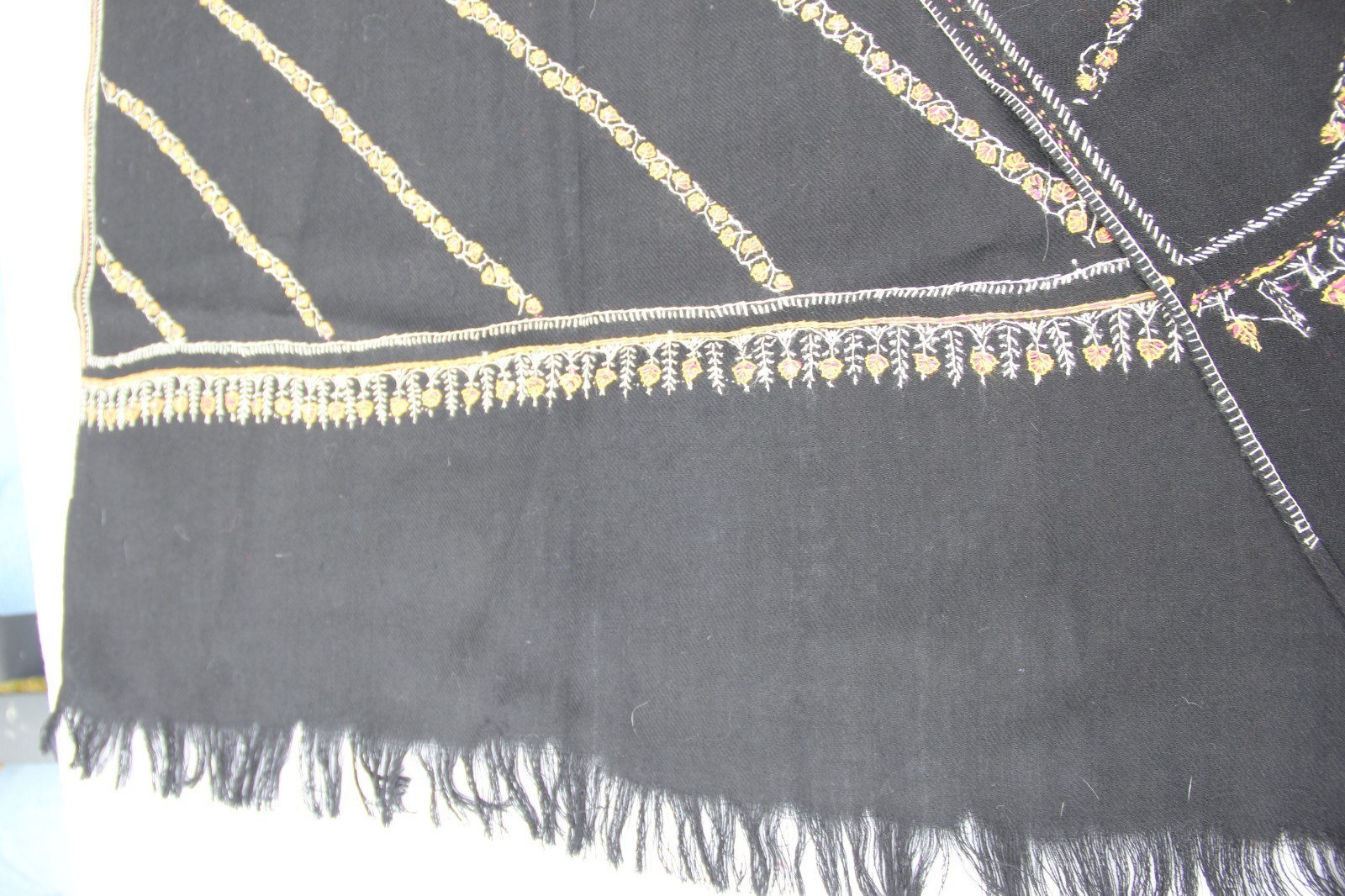 Wool Large Throw/Shawl Black Embroidered Trim and Fringe 76"x25"