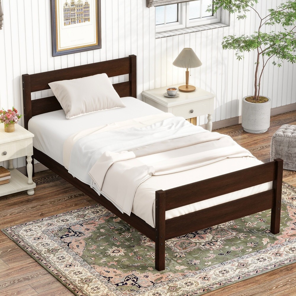 Twin Size Bed Frame Wooden Platform Bed Frame with Headboard White/Espresso