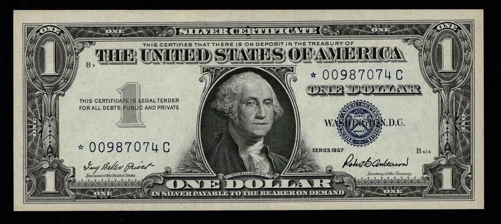 1957 $1 SILVER CERTIFICATE Star Note Low Serial Number *00987074C Replacement