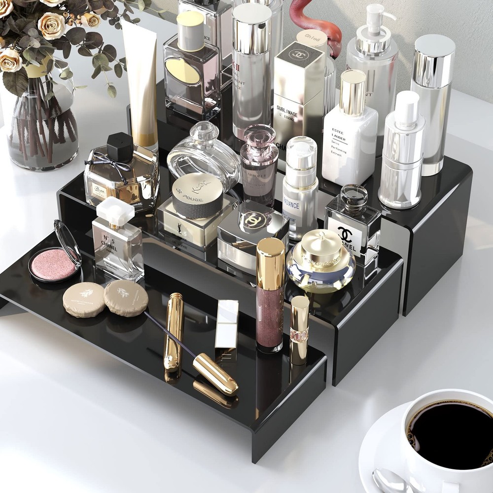 6PCS LARGE ACRYLIC RISERS BLACK RECTANGULAR SHOWCASE COLLECTIBLES DISPLAY SHELF