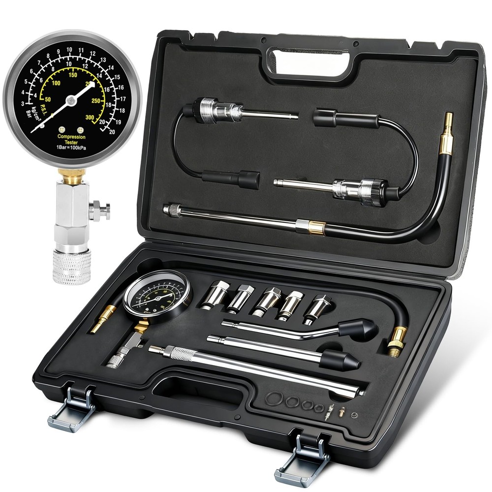 13pcs Compression Tester & Spark Plug Tester - 300PSI Engine Gauge Tool