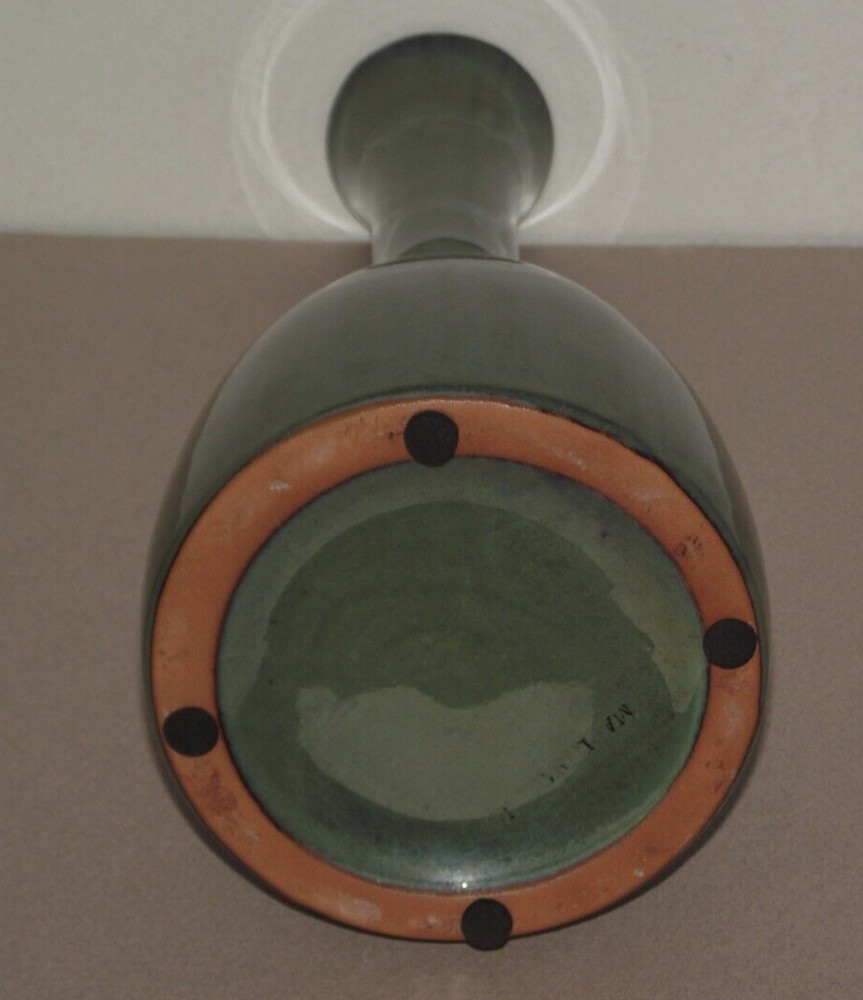 12" Ceramic stoneware green flower vase Asian pattern