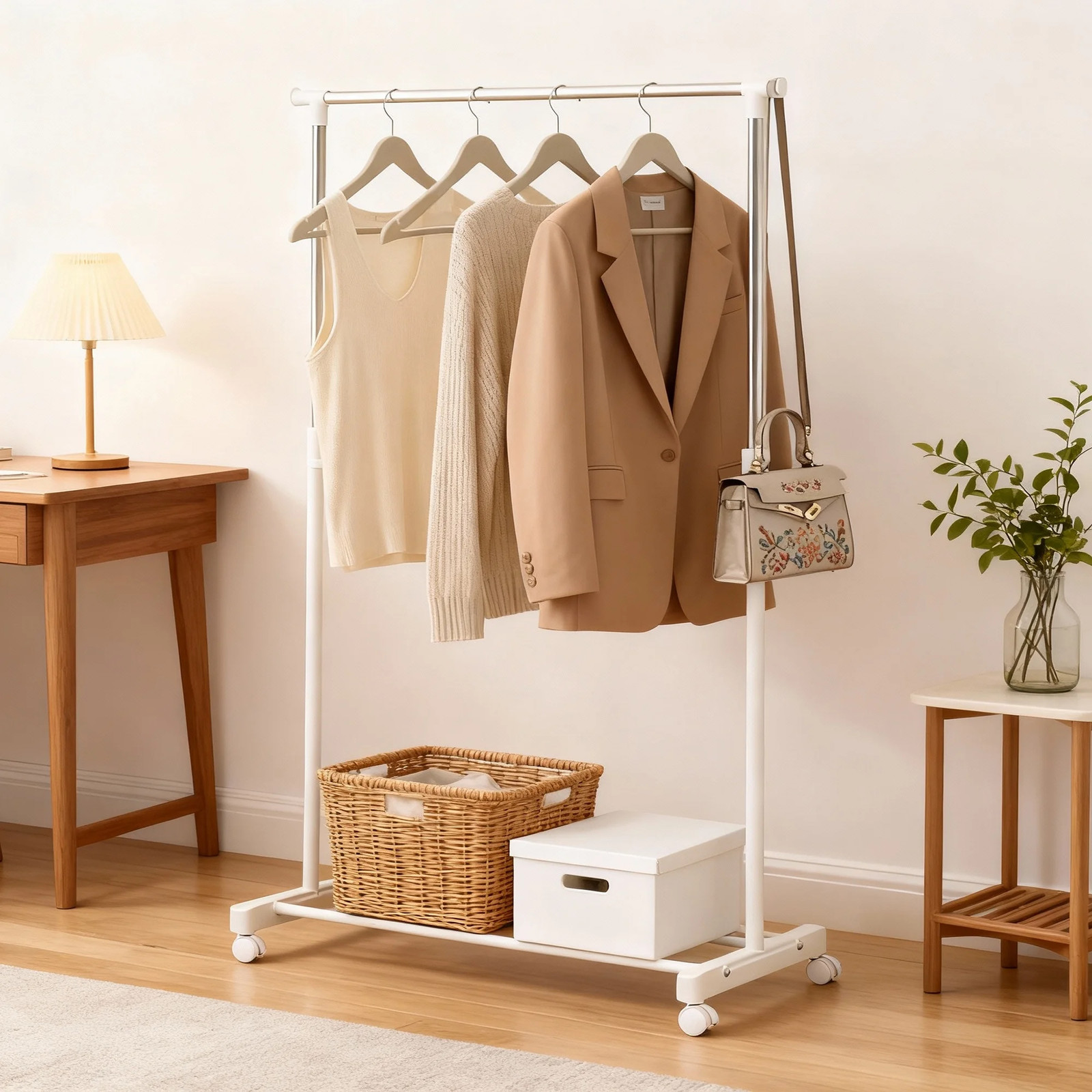 Clothing Rack with Wheels, Adjustable Height Rolling Garment Rack, Rolling Cloth