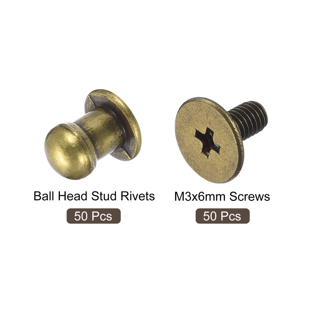 5mm Ball Head Stud Rivets Screw Back, 50Pack Round Head Button, Bronze Tone