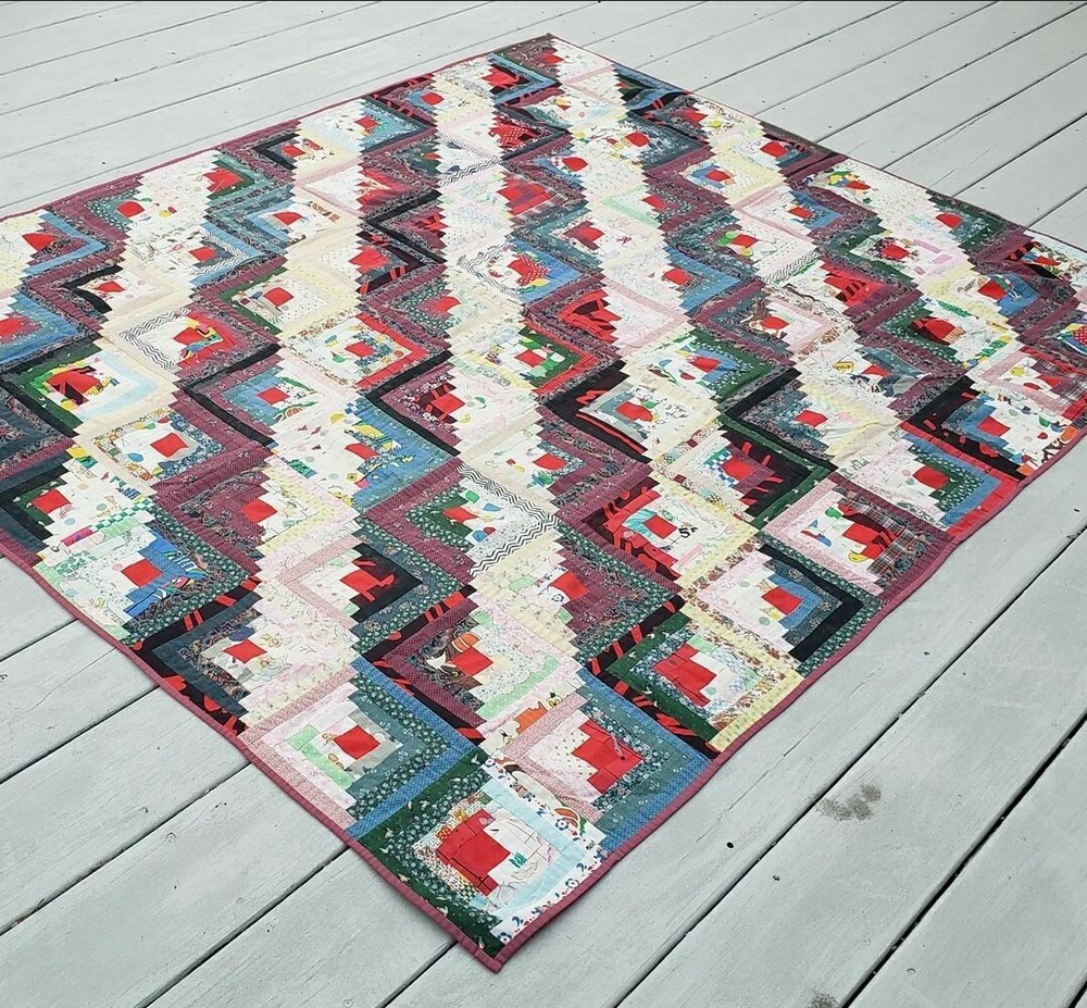 Vintage Log Cabin Quilt Fields & Furrows 70s patchwork 58” x 72” Whimsy Fabrics