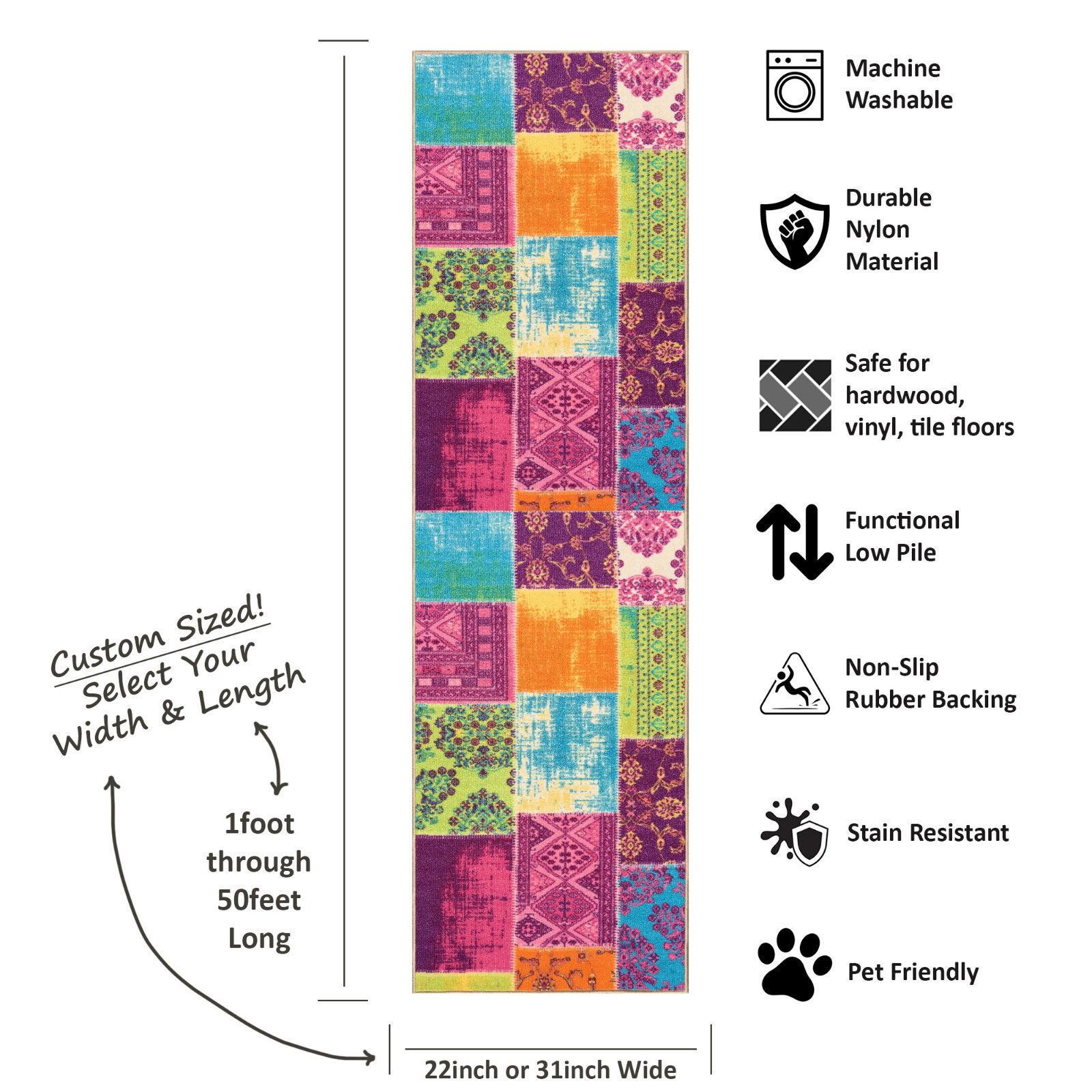 Custom Size Stair Hallway Runner Rug Rubber Back Non Slip Multicolor Patchwork