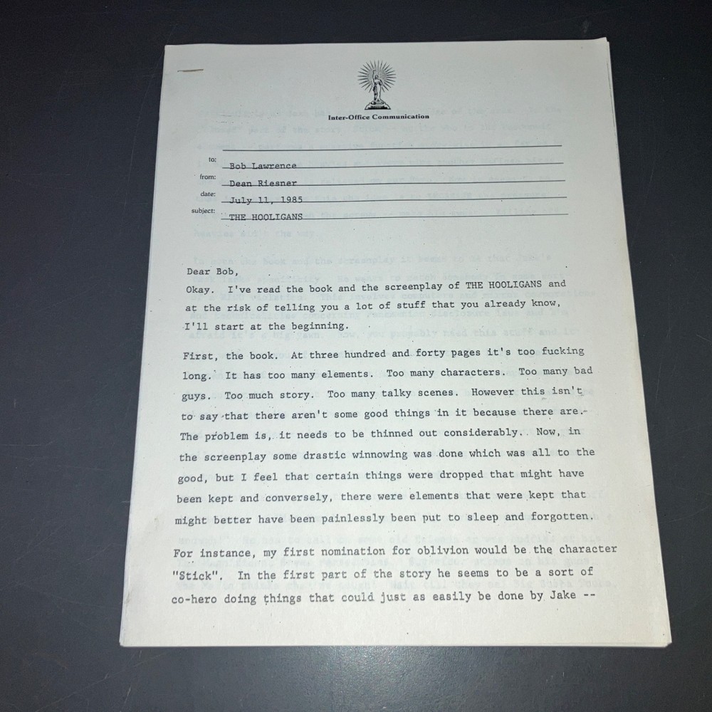 HOOLIGANS ('85) Dean Reisner 9pg Coverage + Donald Stewart Unmade Thriller + COA
