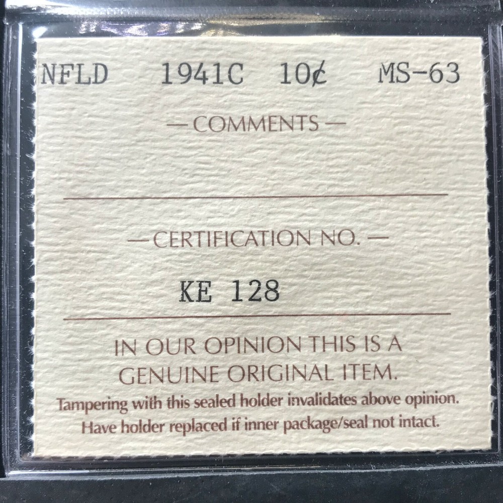 1941c ICCS Graded, Newfoundland Ten Cent, **MS-63**