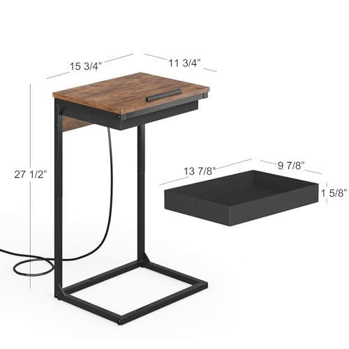 sthmec C Shaped End Table with Charging Station, 45° Tiltable 1 Rustic Brown