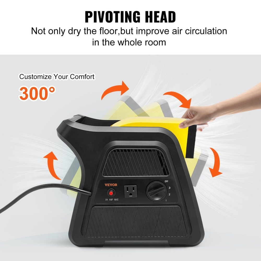 600CFM 3-Speed Floor Blower with 300° Pivot Head Compact Air Mover