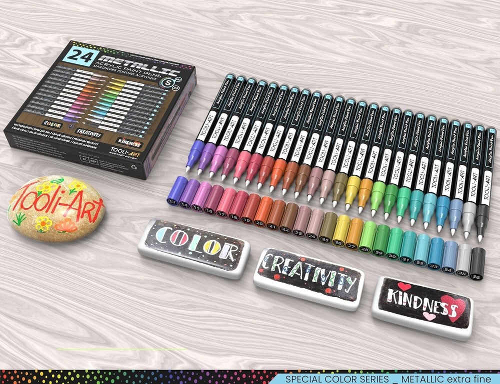 24 Metallic Acrylic Paint Markers Set - Extra Fine Tip
