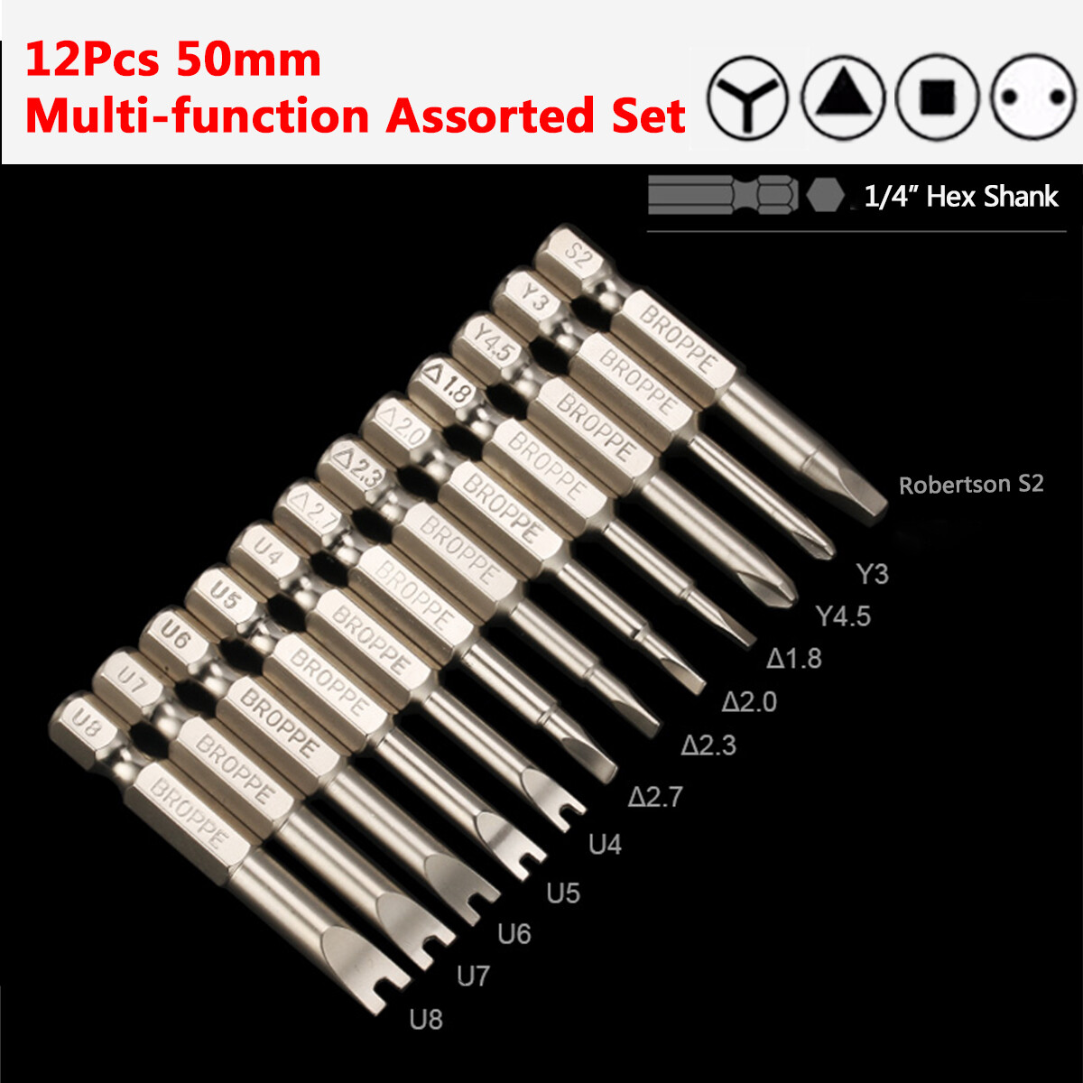 50mm Robertson Triangle Tri-Wing 5-Point Star Screwdriver Bit Set 1/4" Hex Shank