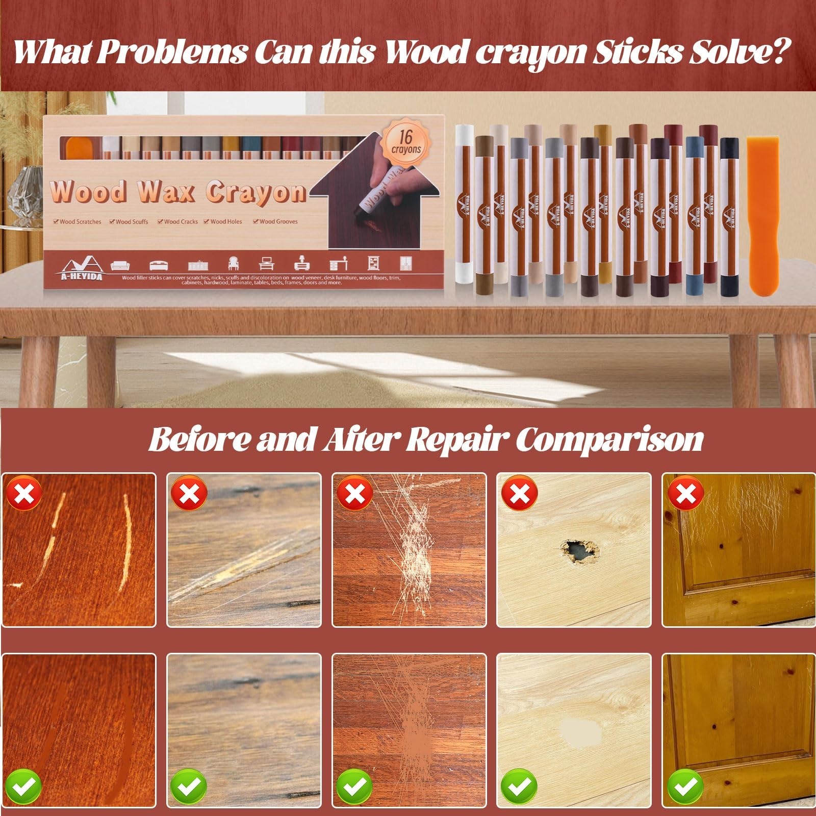 Wood Filler Sticks - 16 Colors Wood Repair Wax Crayons, Furniture Scratch Wax...