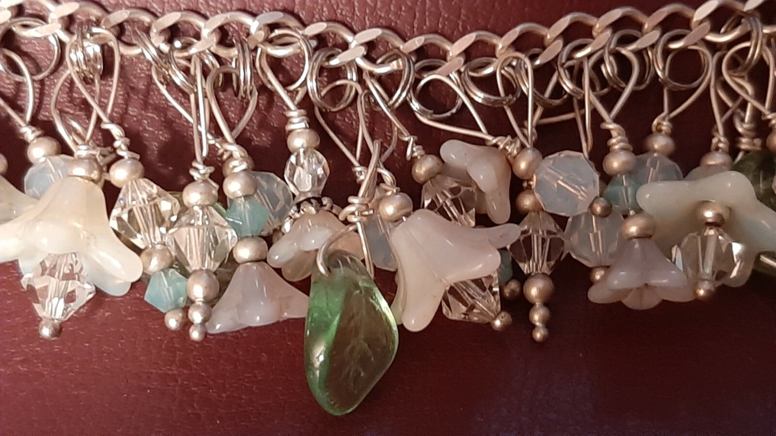 VTG Sterling Charm Braclet Pastel Dangle Opalescent Beads Flower Glass Lampwork