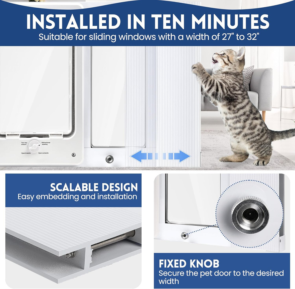 Aluminum Pet Door for Windows, Width Adjustable to Fit Window Width 27"-32", 10-