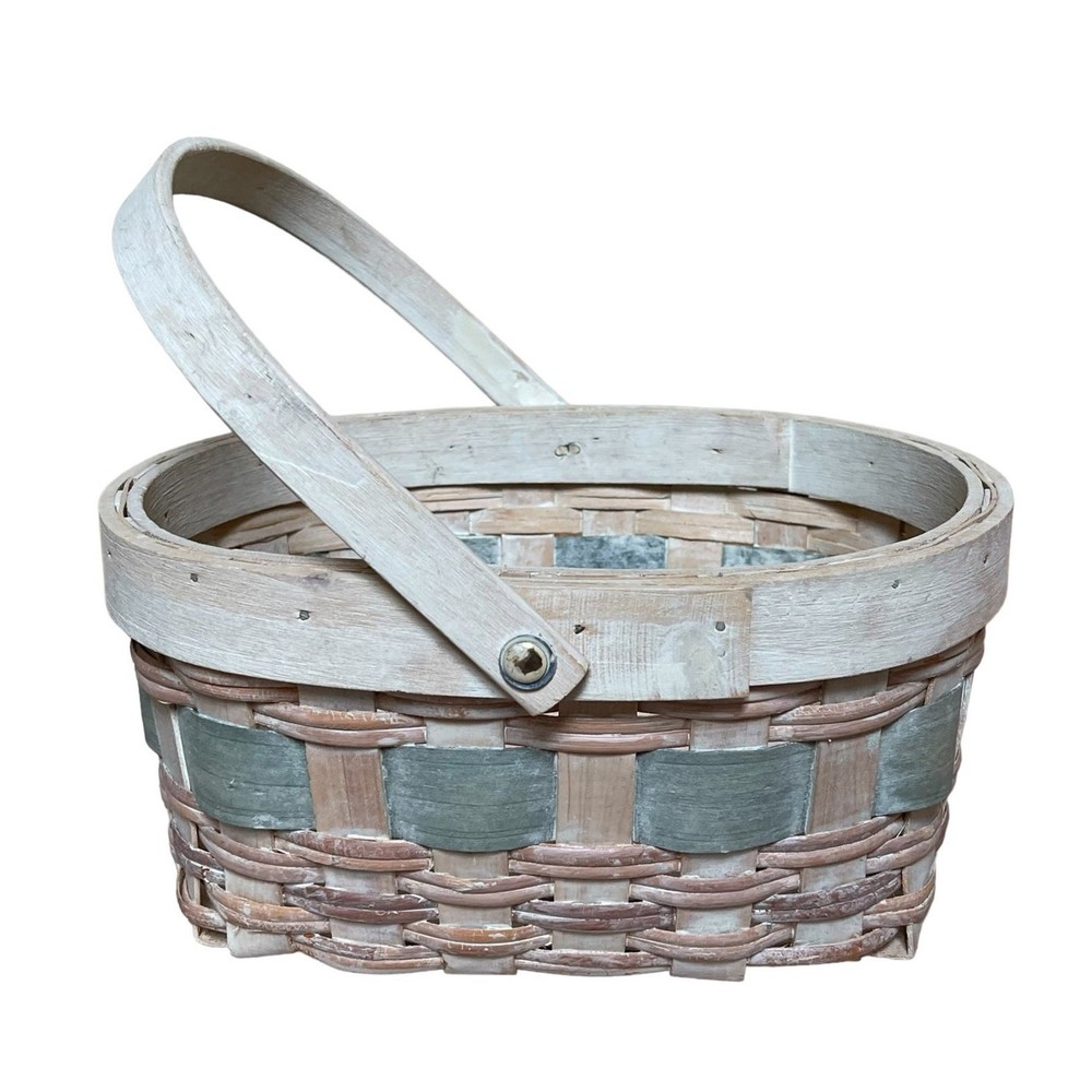 Wicker Basket Oval Multi Color Whitewashed with Handle