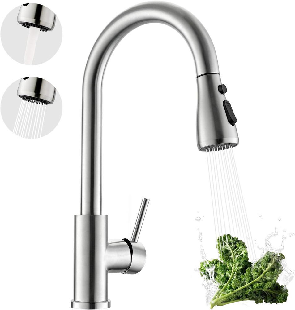 Kitchen Faucet with Pull down Sprayer, Zero Leakage 3 Hole Brushed Nickel RV Kit