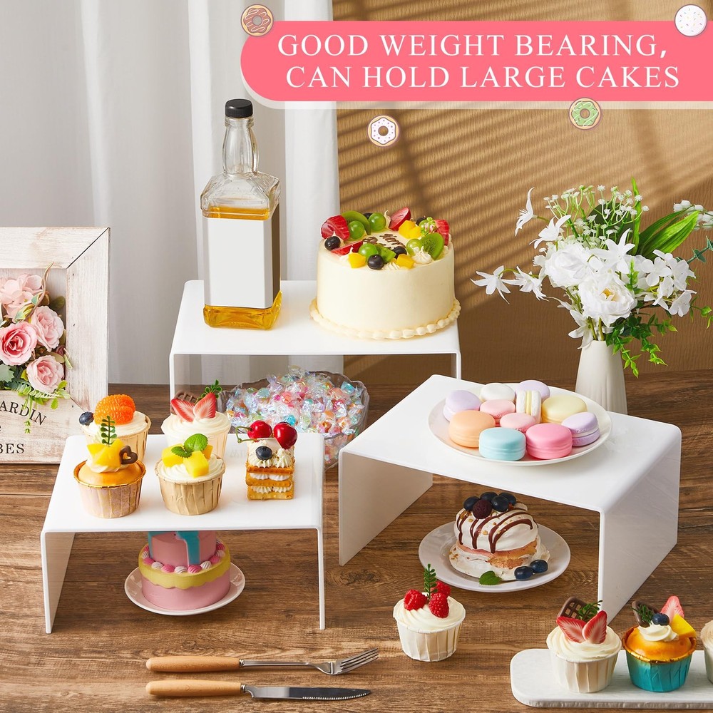 3 Pcs Extra Large 12, 11, 10.25 Inch White Acrylic Display Risers Rectangular...