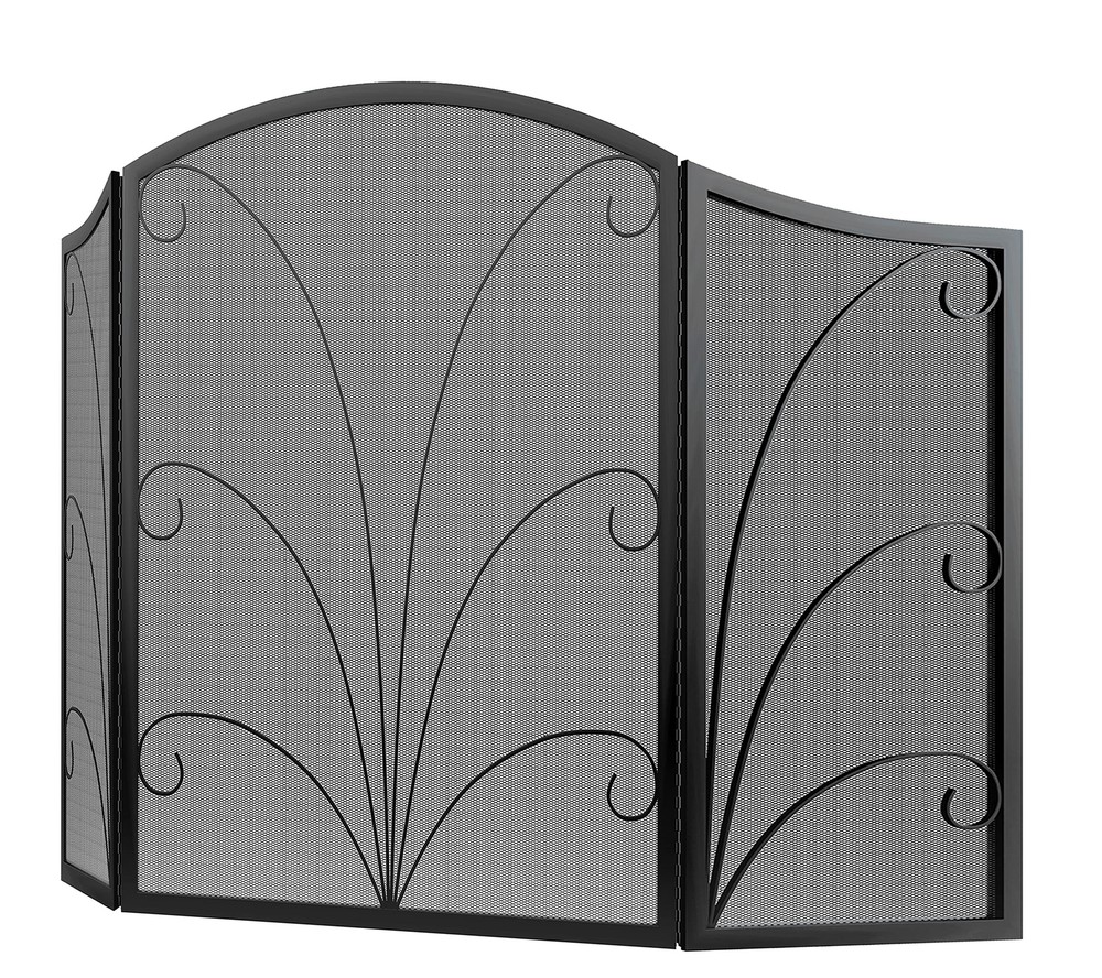 Kingson 3-Panel Arched Fireplace Screen Decorative, Handcrafted Scroll Wrough...