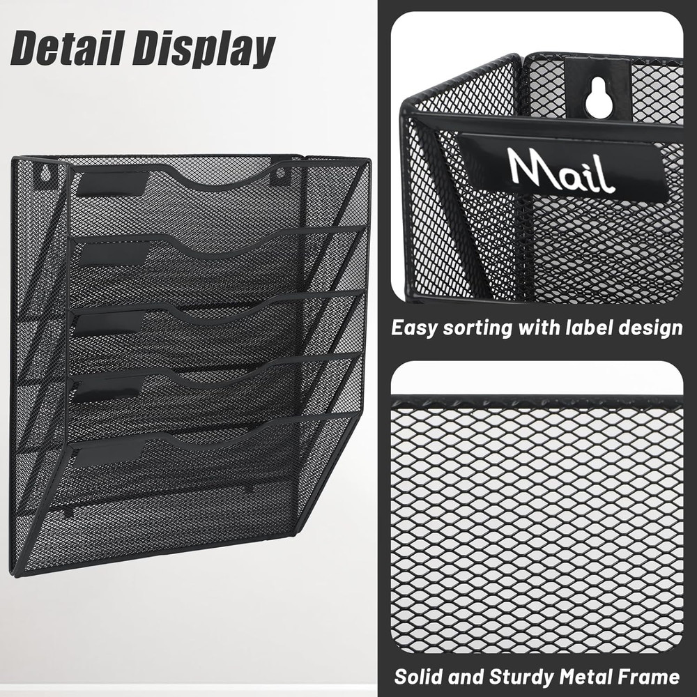 Wall File Organizer 5 Pocket Mesh Hanging Mail Holder Document Folder Rack Black