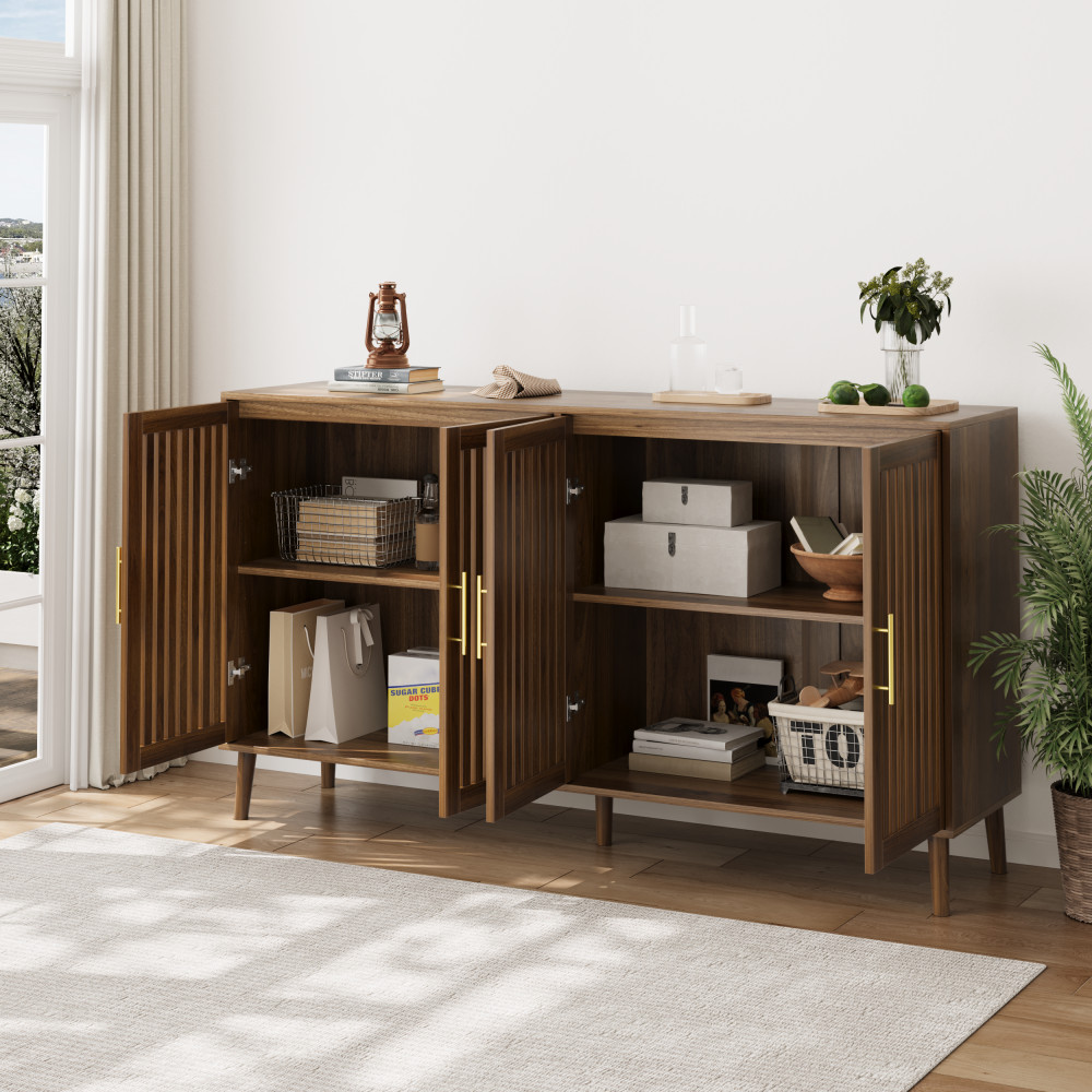 Walnut Grille Striped Sideboard 63" Buffet Storage Dining Cabinet