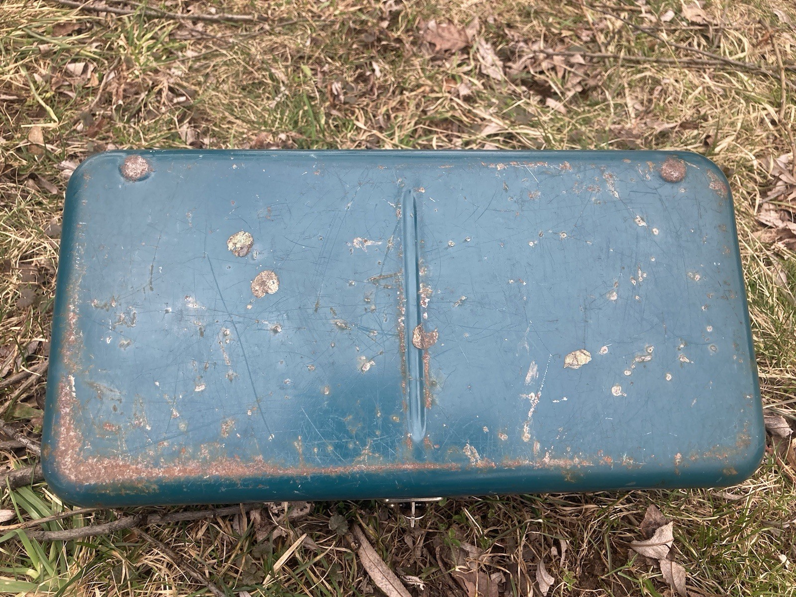 VTG 40’s-60’s Union Steel Chest 5314 Teal White Handle Empty toolbox/tacklebox