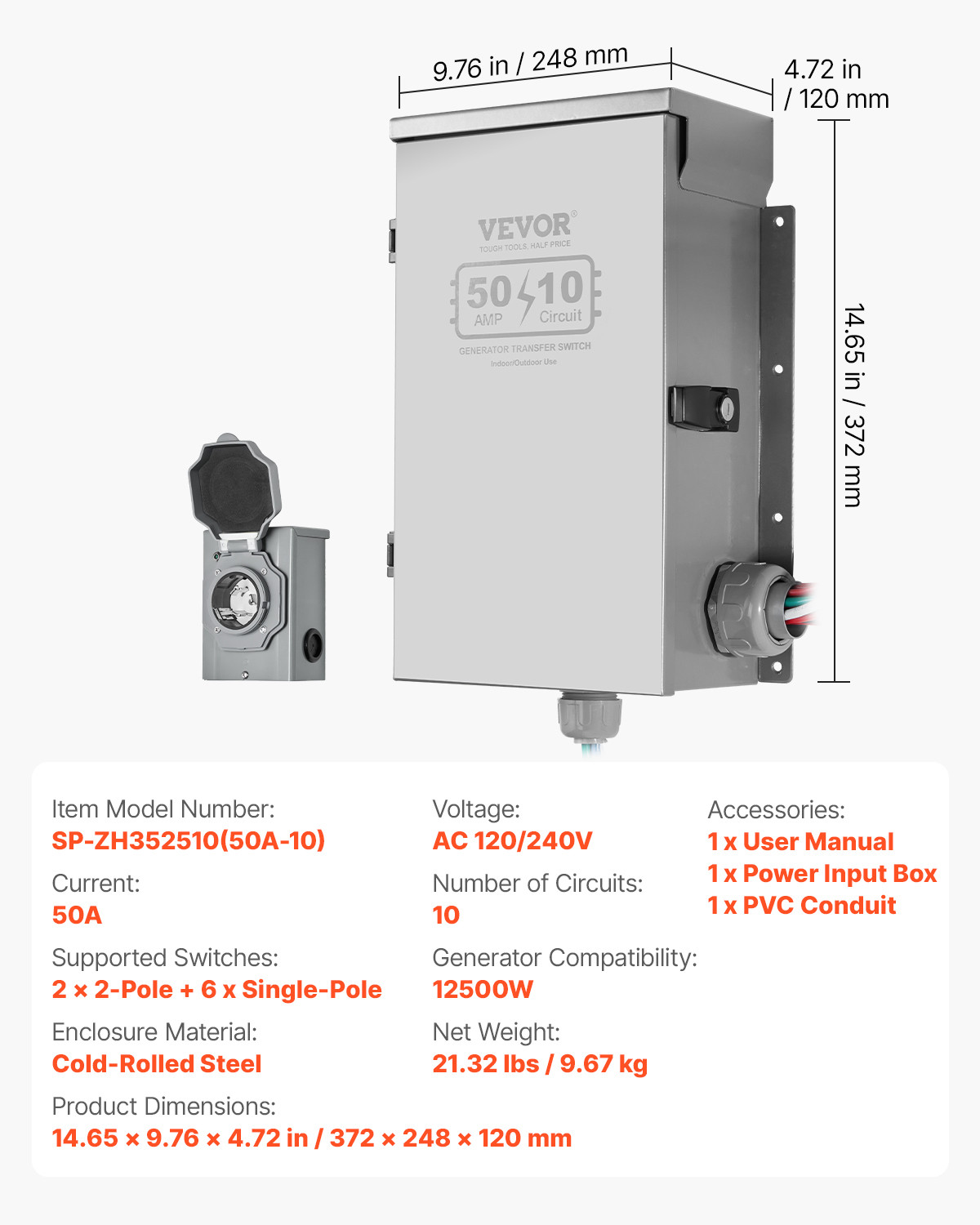 VEVOR Manual Transfer Switch 50A Generator Transfer Switch Kit NEMA 3R 12500W