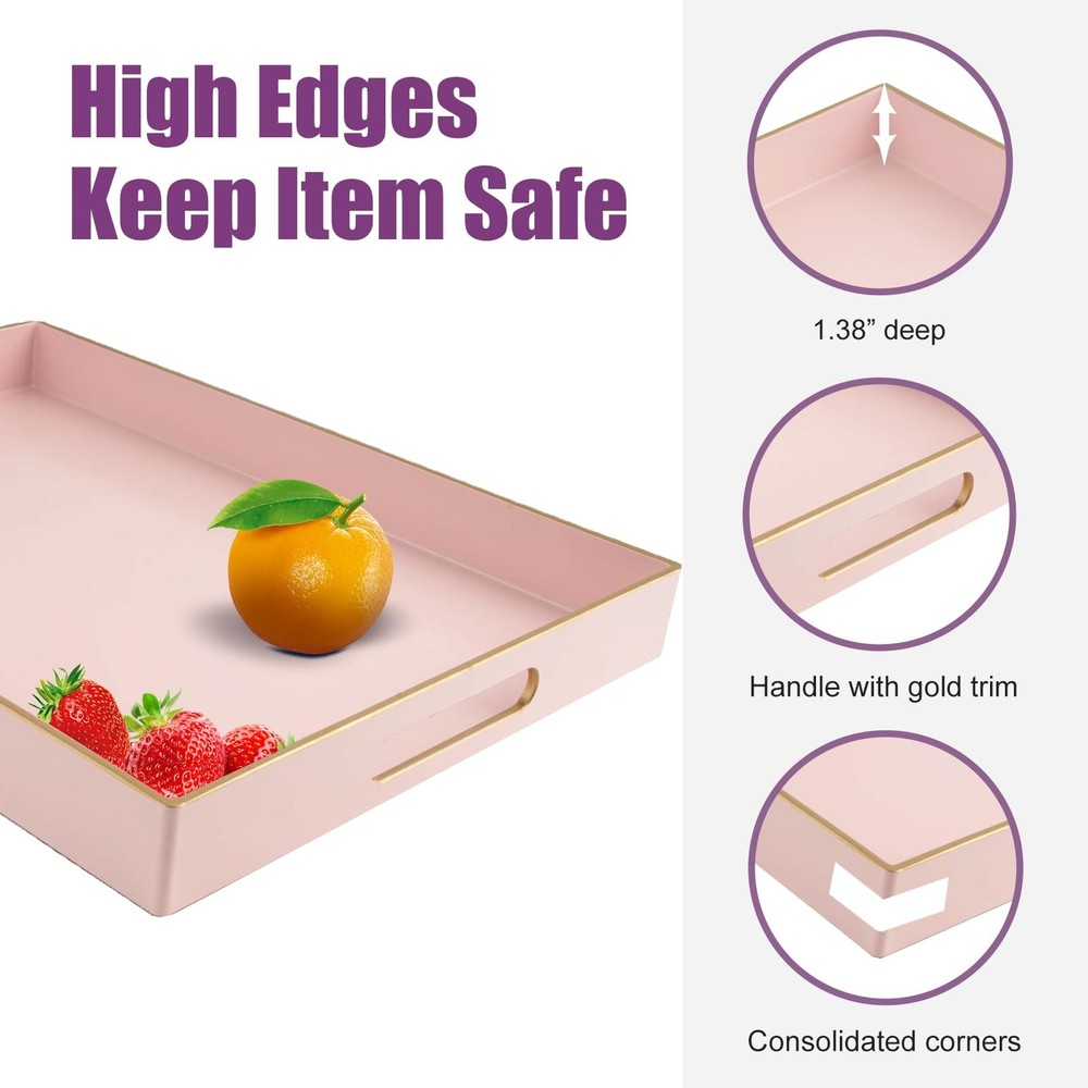 Pink Large Serving Tray with Handles，Rectangular Plastic Elegant Decorative C...