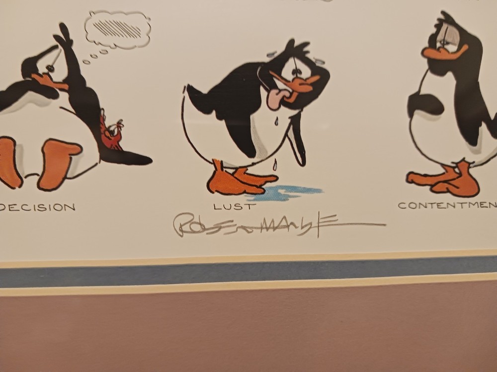 Robert Marble Signed Lithograph Print Matted Framed Metal Penguin Postures