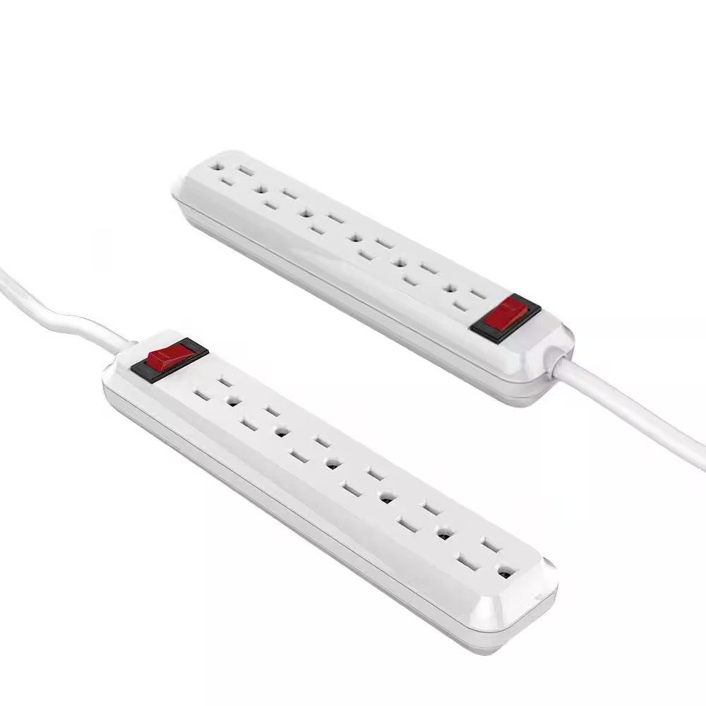 4 Ft. 6-Outlet Power Strip with 45 Degree Flat Angle Plug, White (2-Pack)