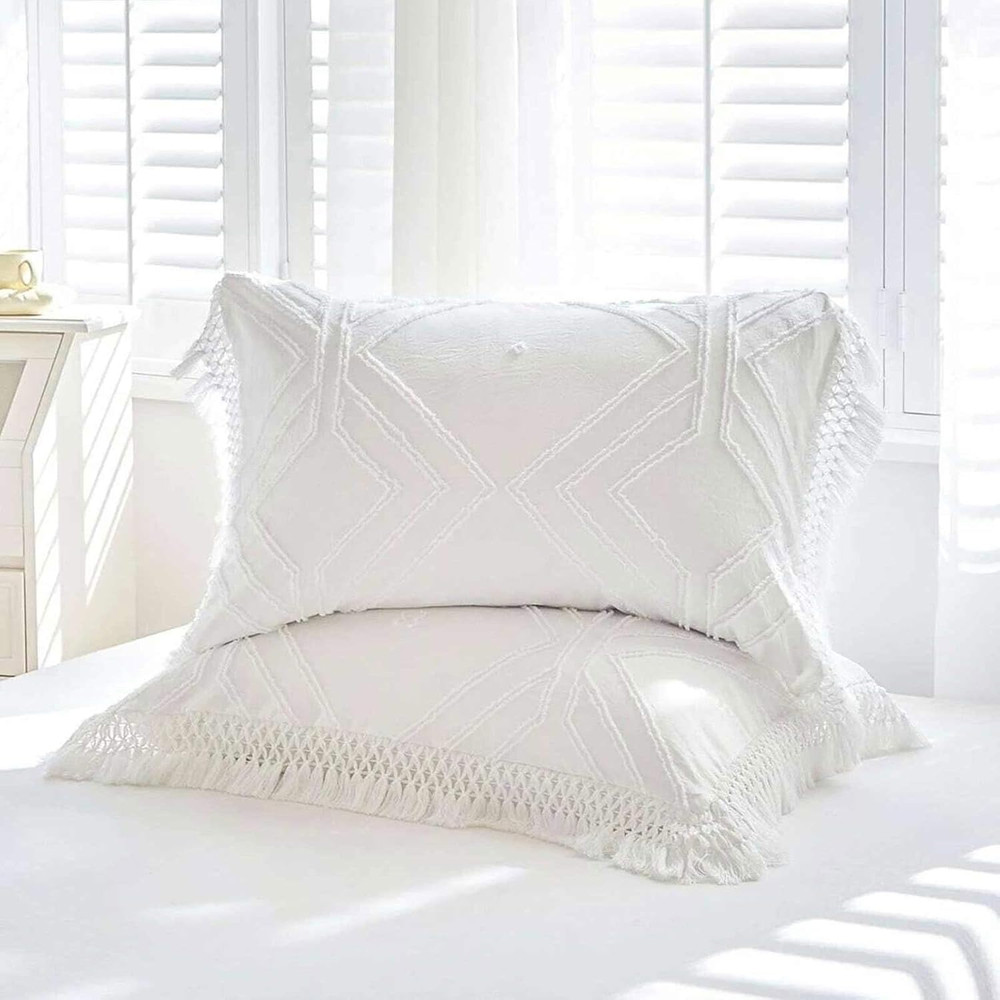 Boho Chic Queen Comforter Set - White Tufted Tassel Microfiber Bedding 3Pc