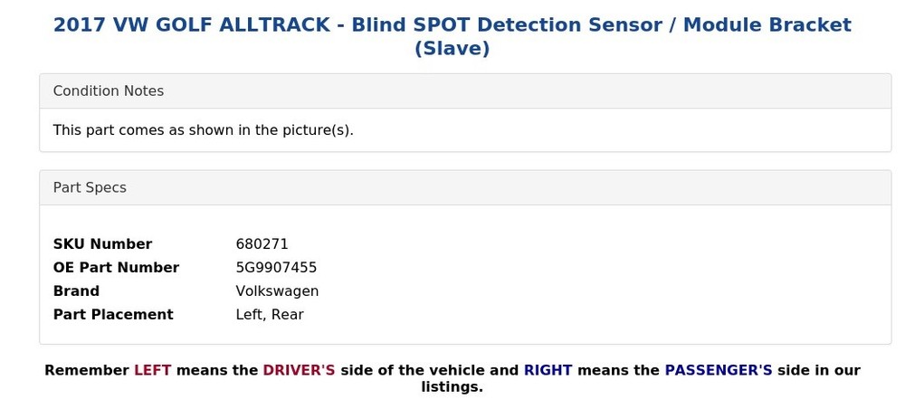 2017 VW GOLF ALLTRACK - Blind SPOT Detection Sensor / Module Bracket (Slave)